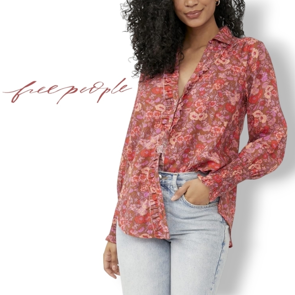 Free People Floral Button-Down Shirt in Red and Pink